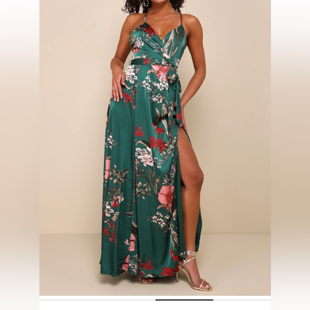 Still the One Emerald Green Floral Print Satin Maxi Dress